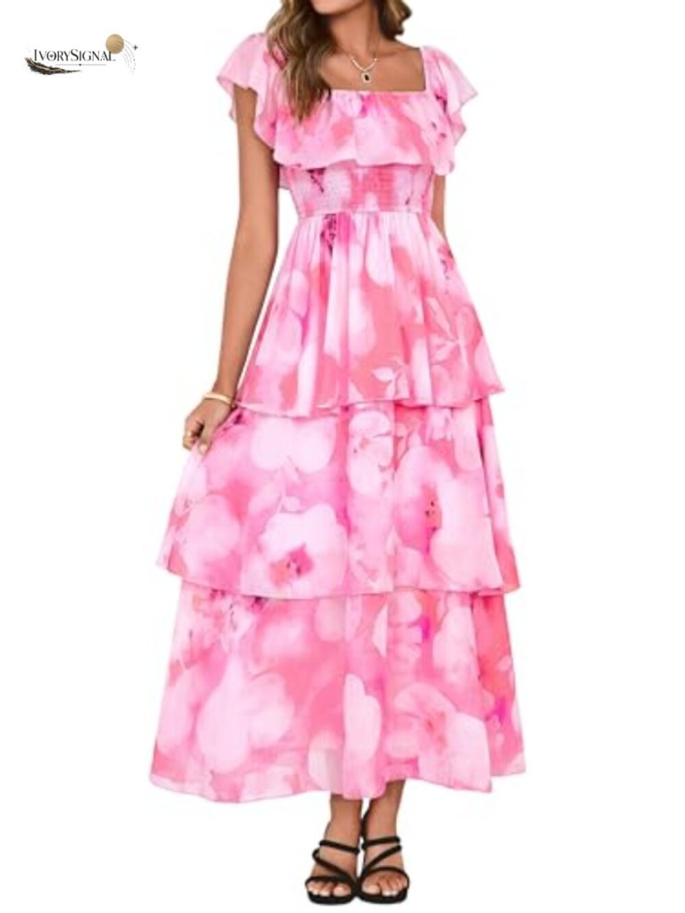 Floral Maxi Wedding Guest Dress Chiffon Off Shoulder Smocked Tiered Flowy
